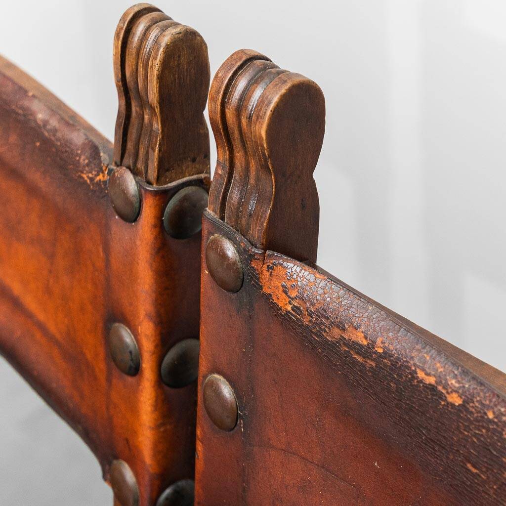 Set of 6 dining chairs in wood and brown leather, late 19th century