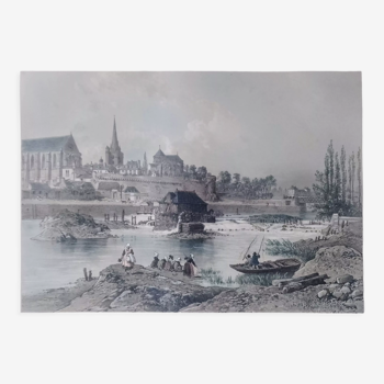 Lithographie Bretagne Vue de Redon et la Vilaine XIXème