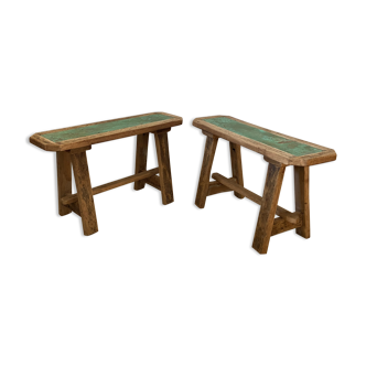 Pair of small benches in raw wood of winemaker
