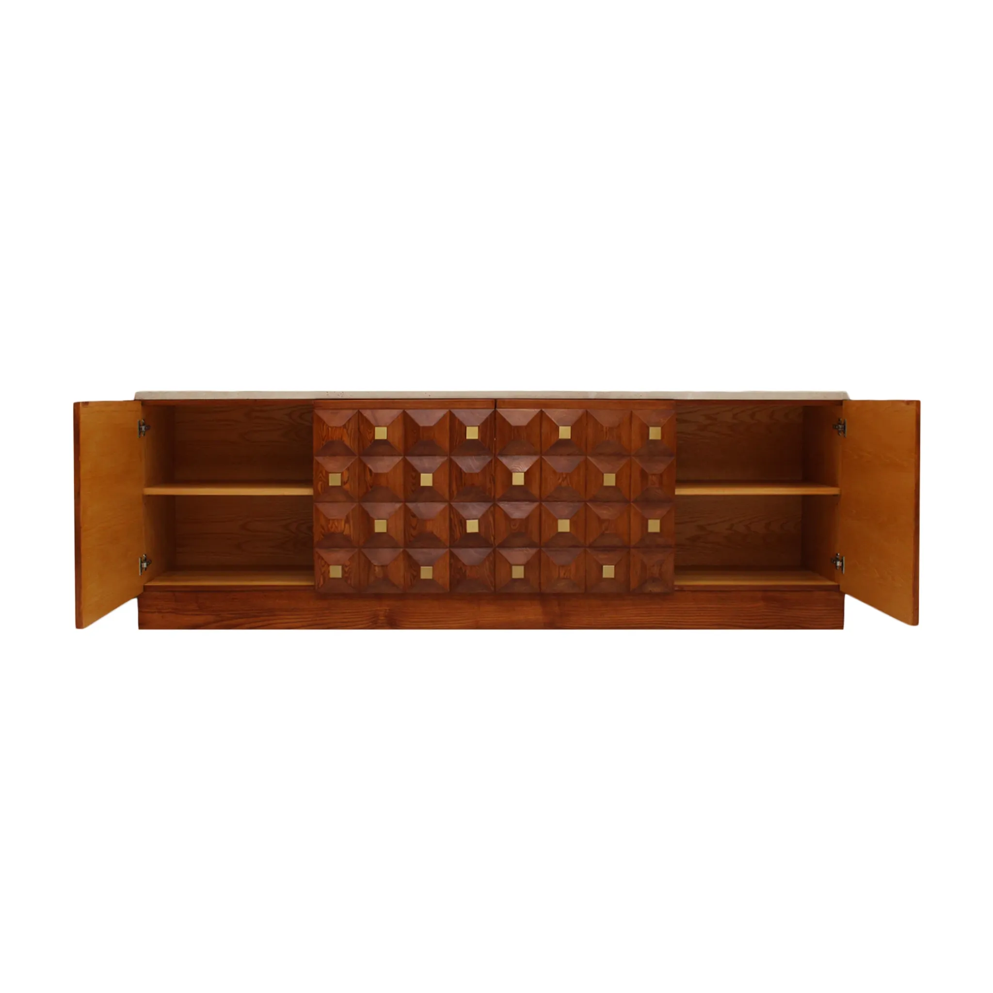 Contemporary Square Pattern Oak Wood, Brass and Travertine Top Italian Side