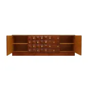 Contemporary Square Pattern Oak Wood, Brass and Travertine Top Italian Side