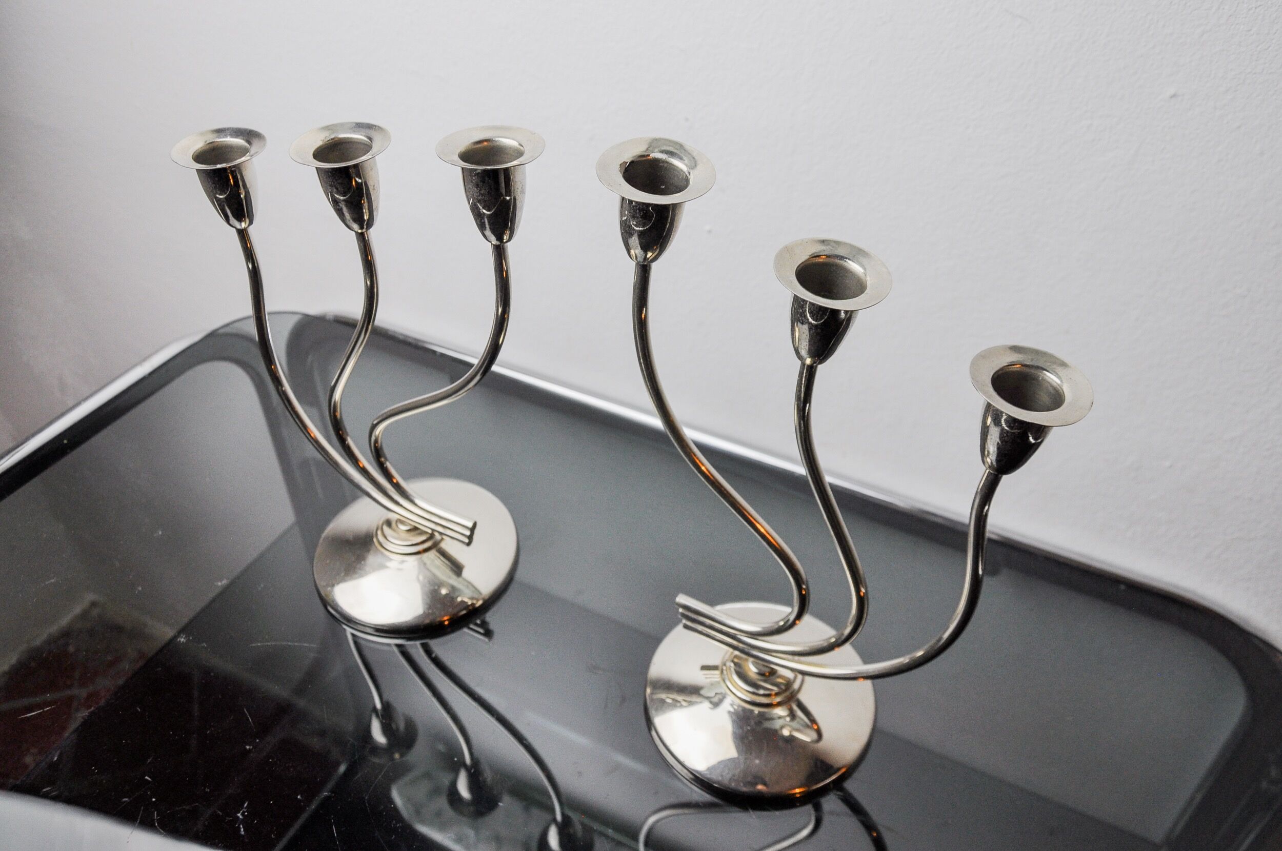 Pair of art deco candlesticks in stainless steel 3 flames, Spain, 1970