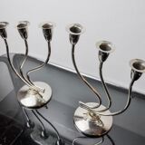 Pair of art deco candlesticks in stainless steel 3 flames, Spain, 1970