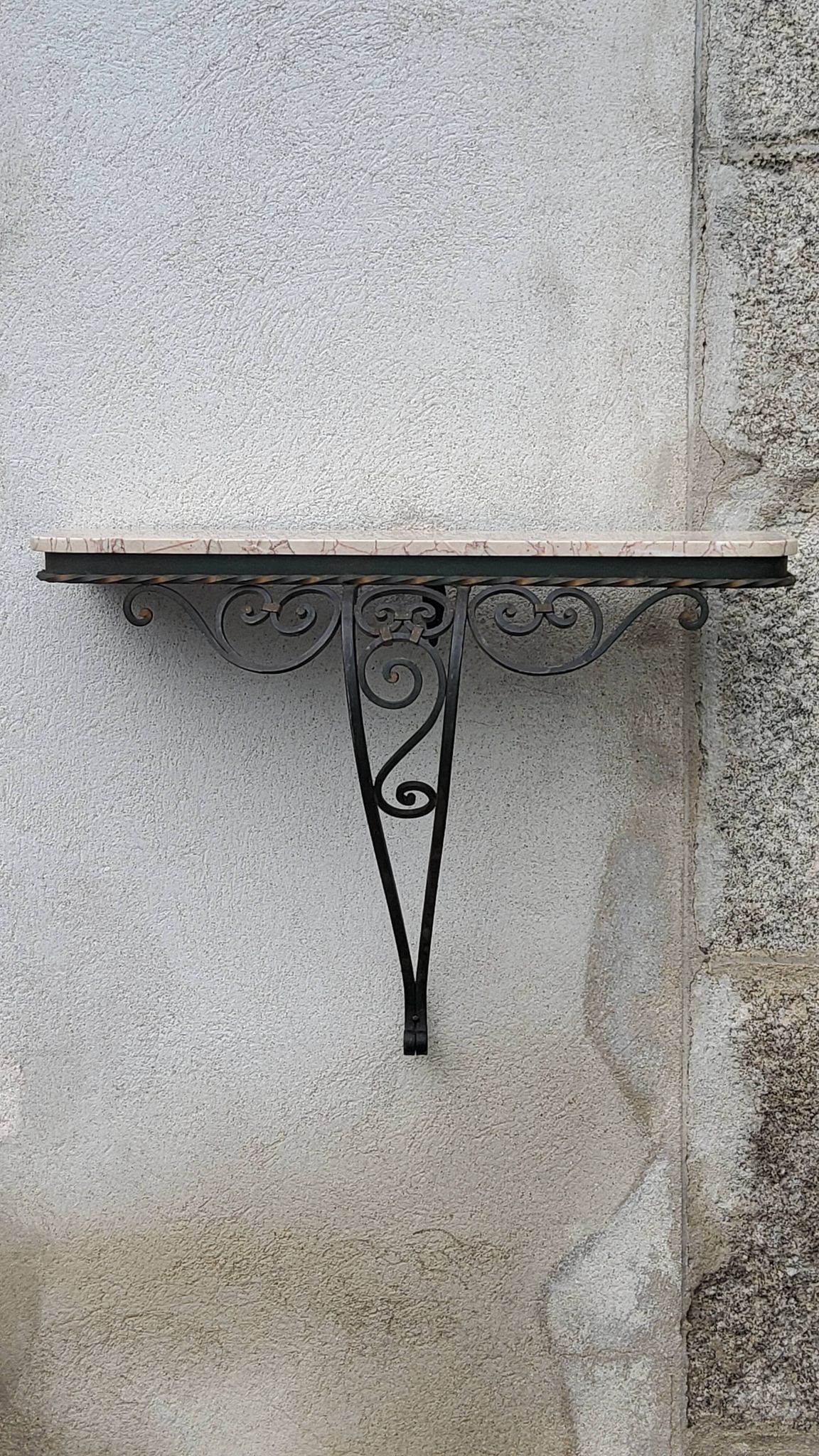 Console of wall lamp of the 50s in wrought iron and marble top