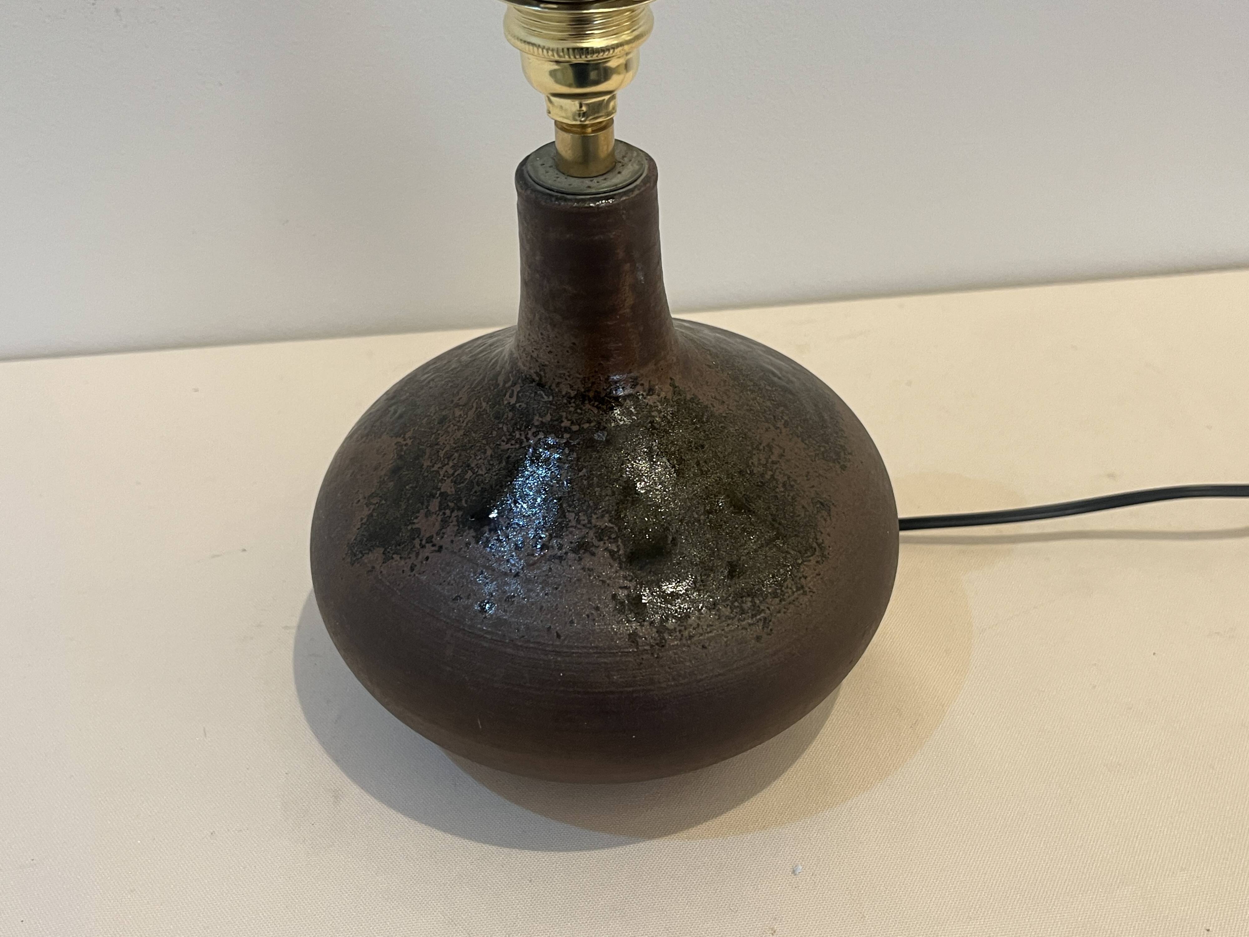 Vintage design lamp base in brown pyrite stoneware with raffia lampshade 1970