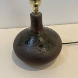 Vintage designer lamp base in brown pyrite stoneware with raffia lampshade, 1970s