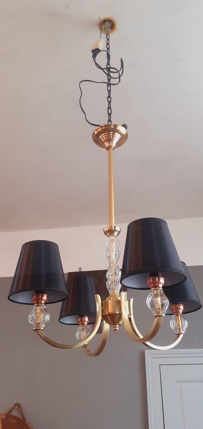 Vintage chandelier year 50 in brass and molded glass