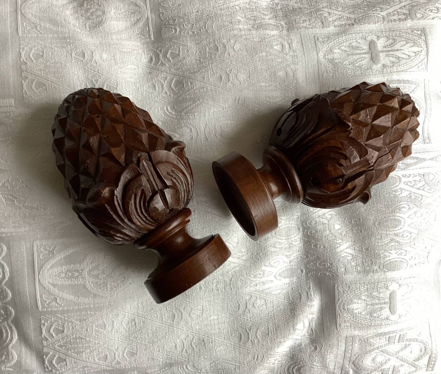 Set of 2 old pine cone shaped wooden tips