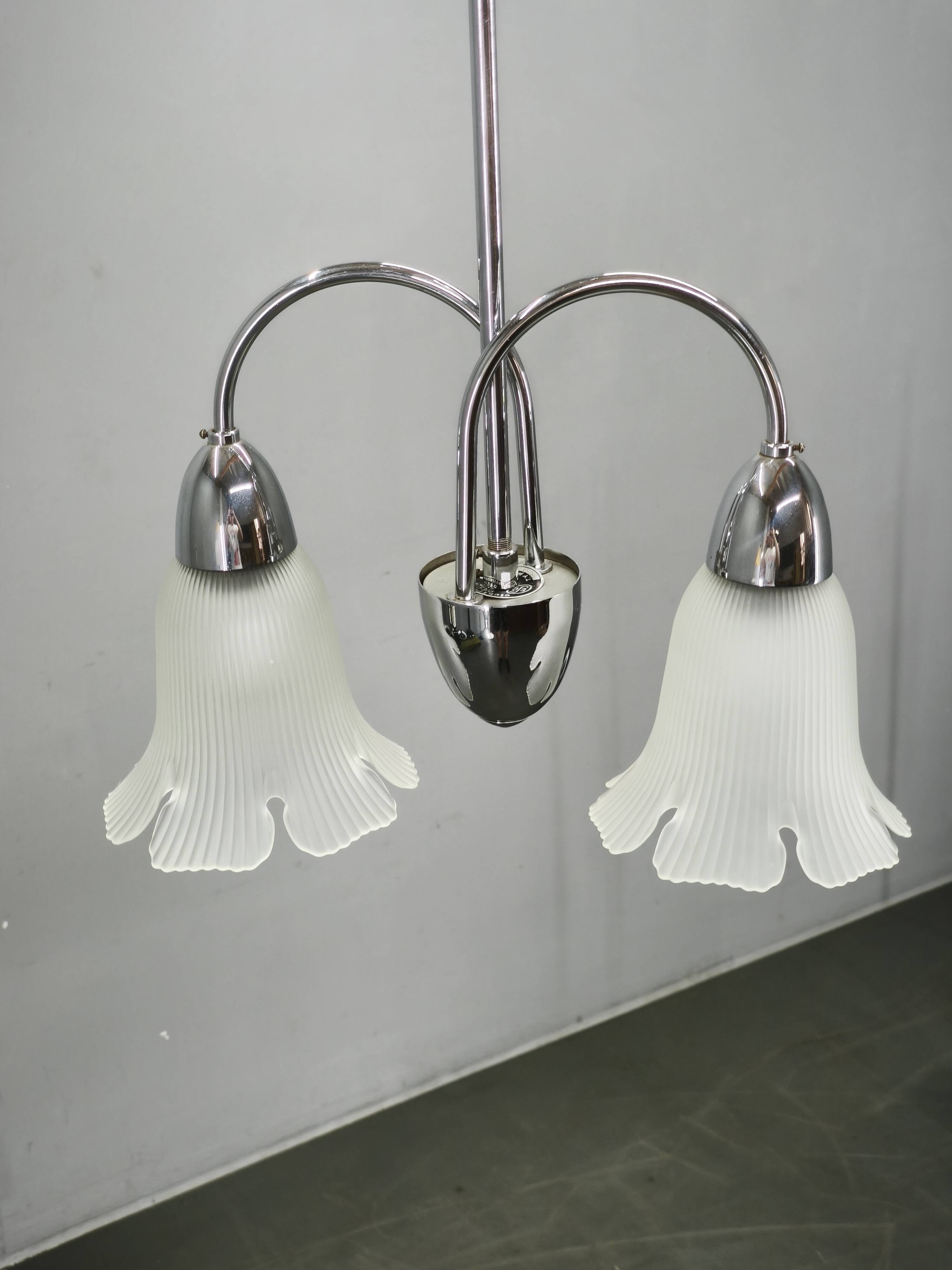 1950s Chrome and Floral Glass Chandelier by Elektroinstala Děčín