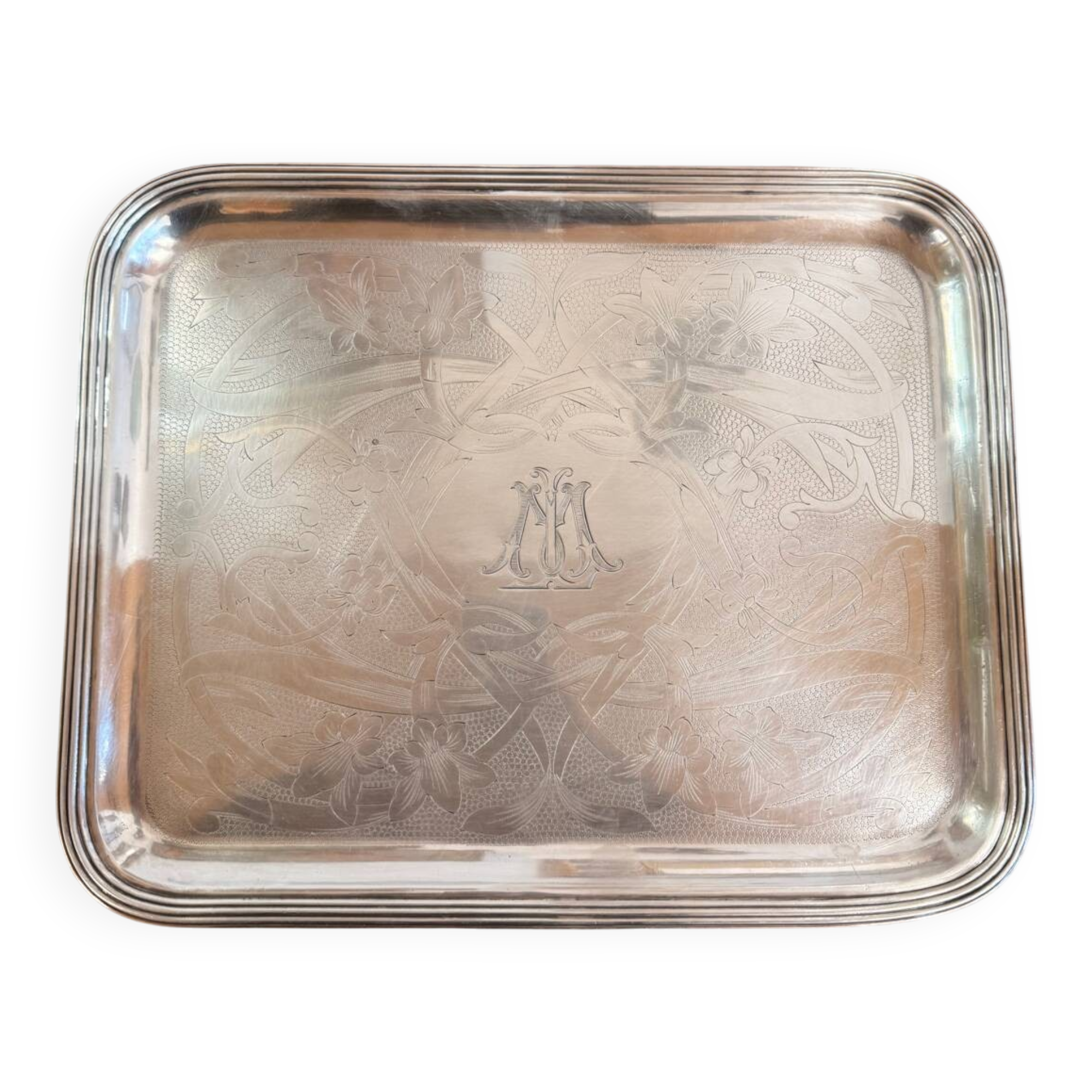 Silver-plated metal tray by Christofle – Floral decoration and monogram