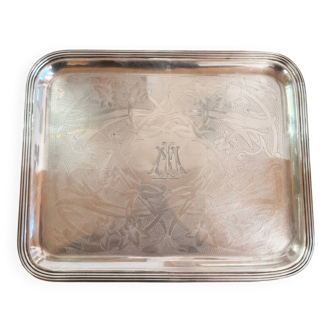 Plateau en métal argenté Christofle – Décor floral et monogramme