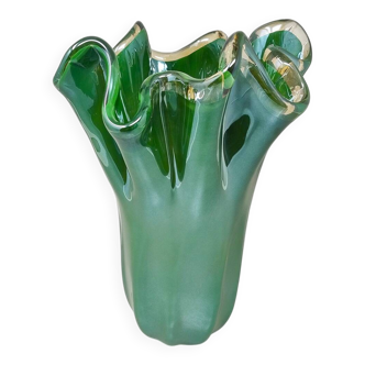 1970s Luxury Handcrafted Green "Fazzoletto" Vase By Dogi in Murano Glass. M