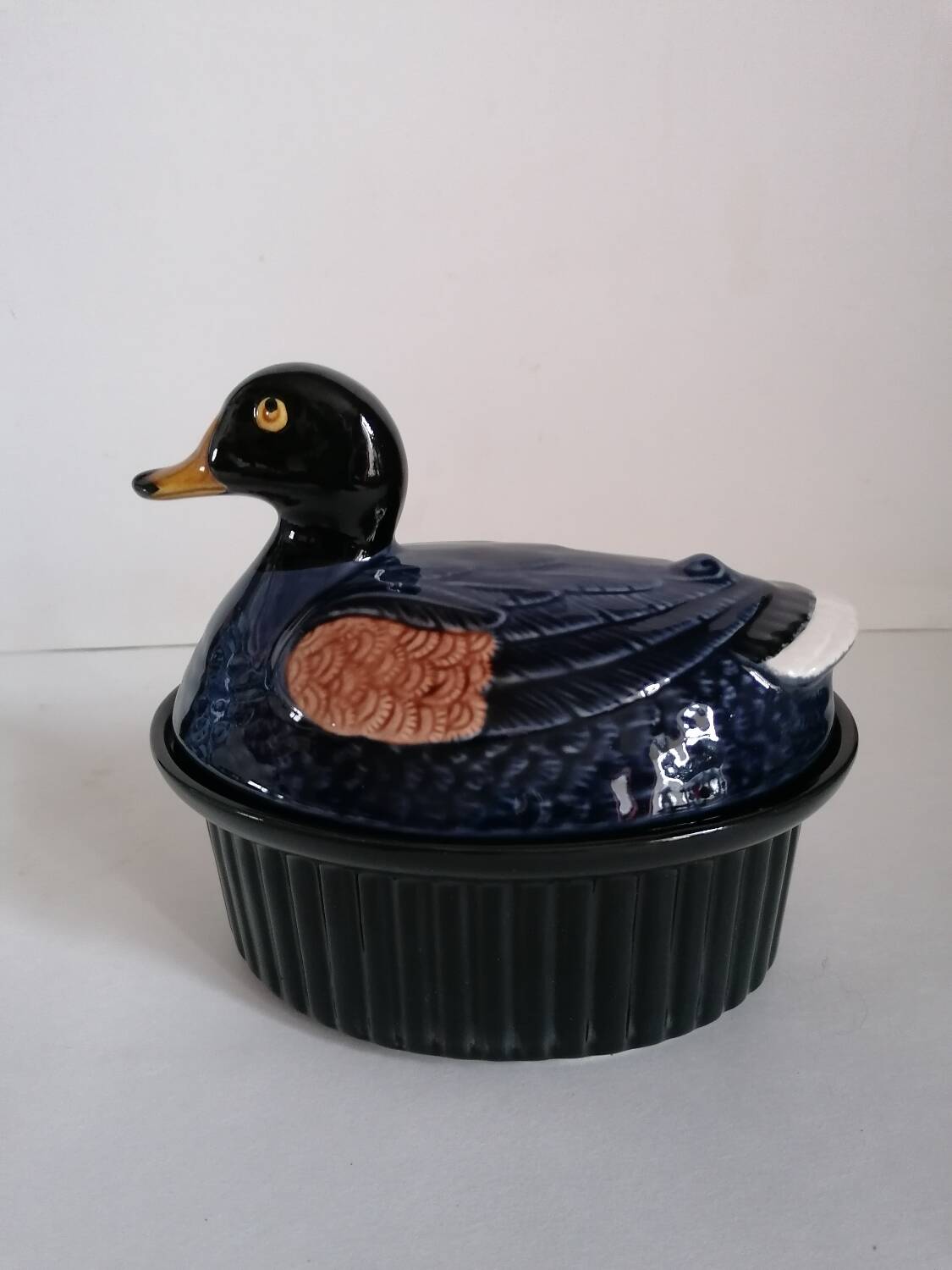 Zoomorphic duck terrine majolica slip