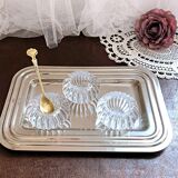 Trio of salt shakers, pepper shakers, molded glass salt shakers