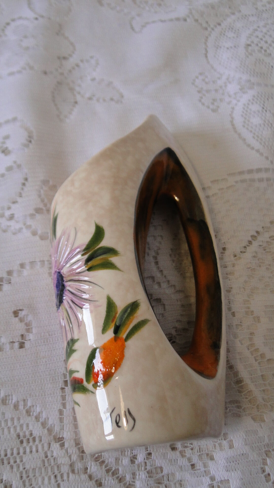 Ceramic vase with handle from the 70s, signed Tess, sunflower decor