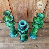 Trio of Tamegroute candlestick holders in enamelled ceramic.