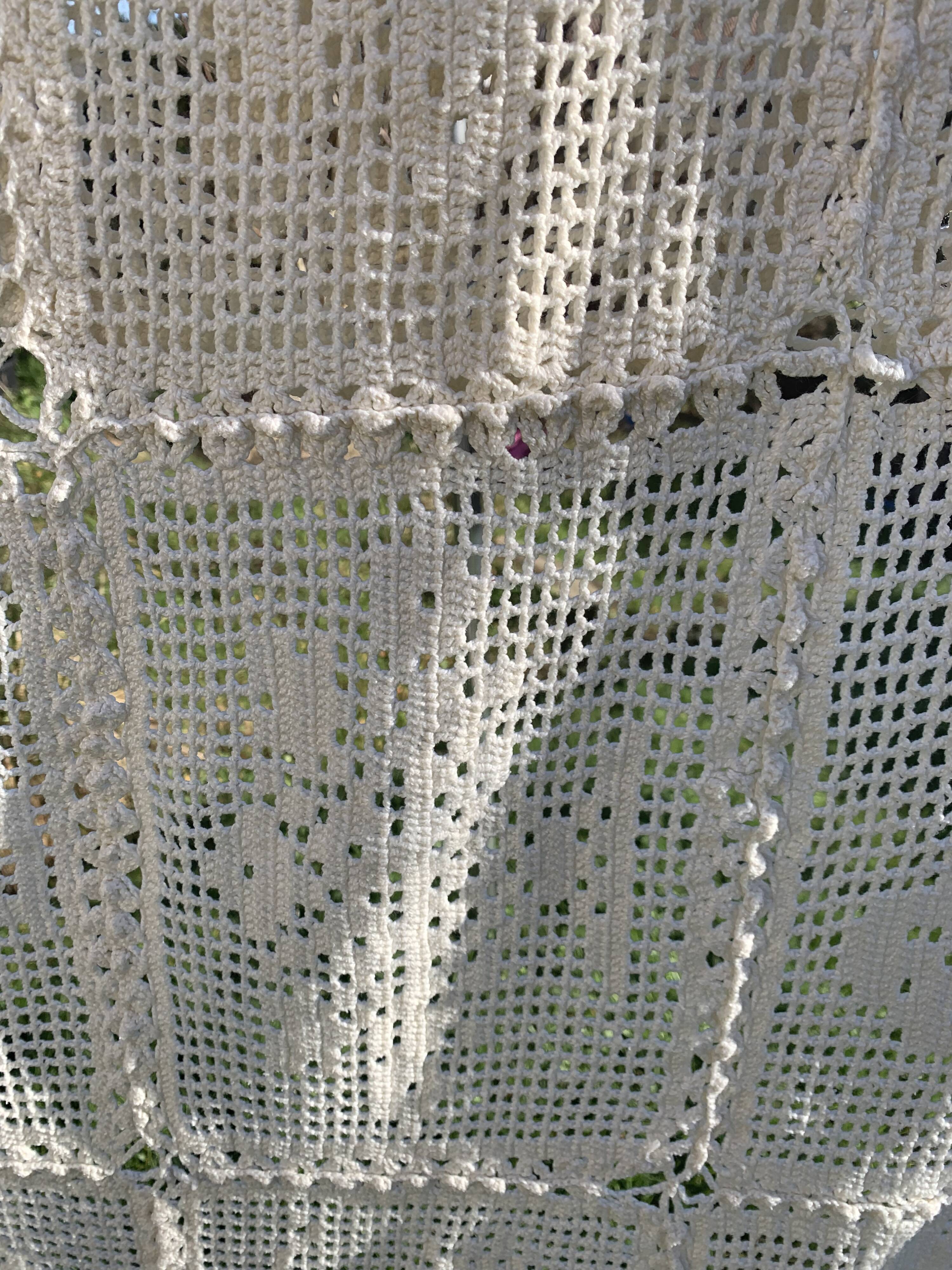 Plaid, dessus de lit couverture au crochet, blanc casse fait main, en coton vintage