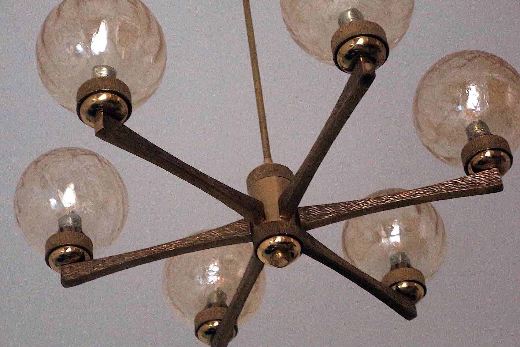 Angelo Brotto gold-plated brass chandelier with 6 globes, Italy 1960s