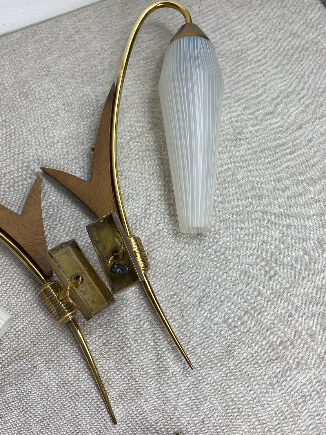 Pair of wall lights in brass, wood and opaline glass, 1950s/60s