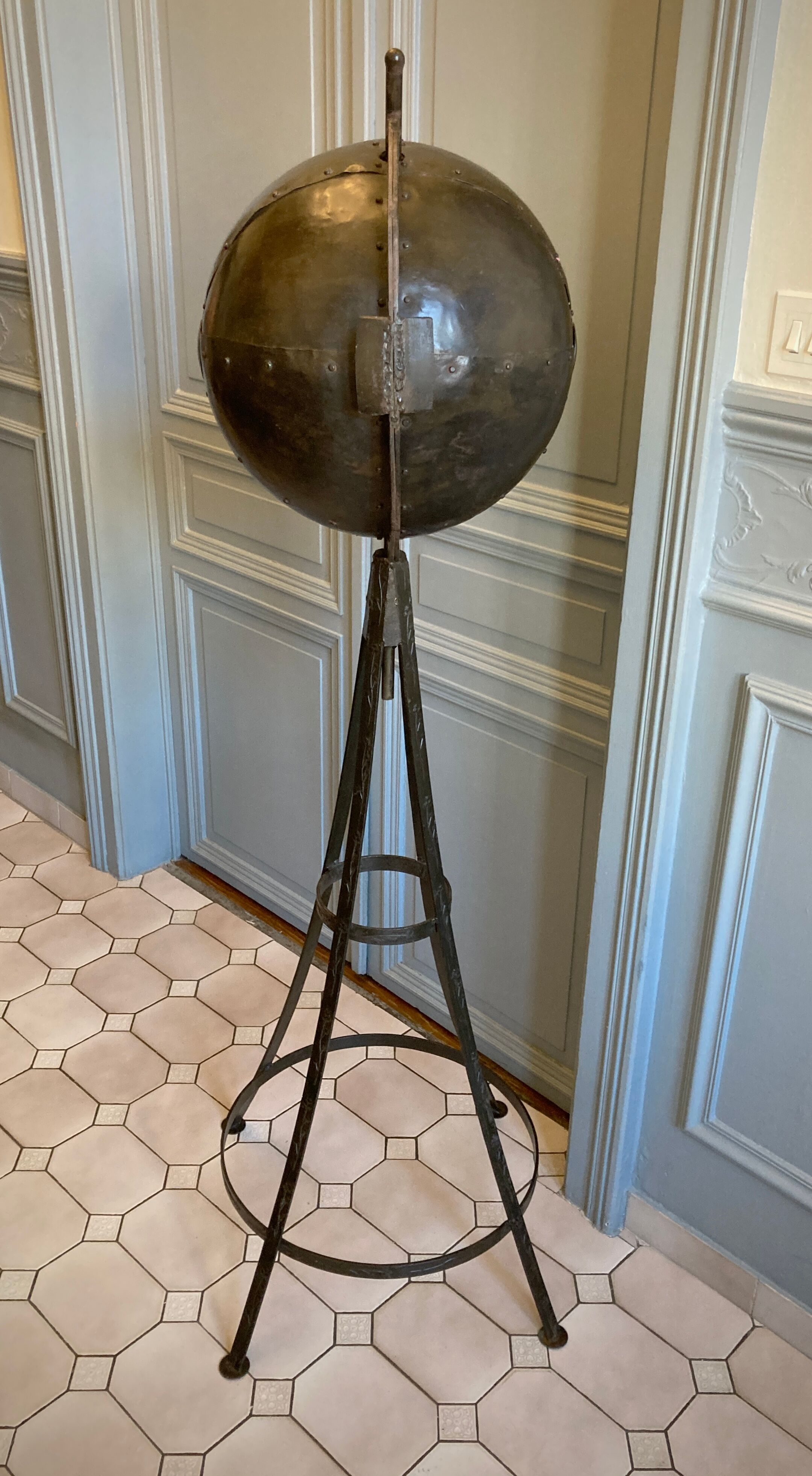 Atypical industrial furniture riveted sphere