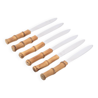 Six stainless steel knives with bamboo handles