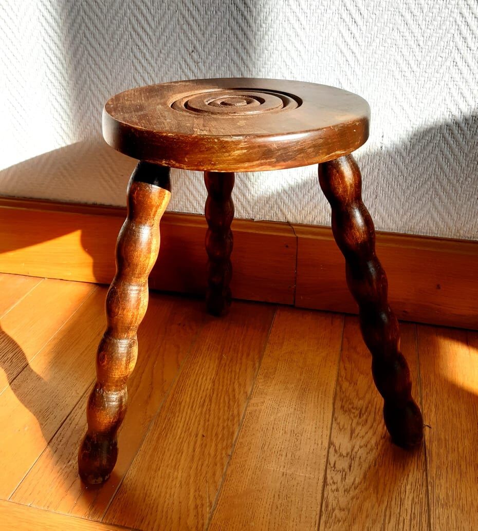 Turned wooden tripod stool