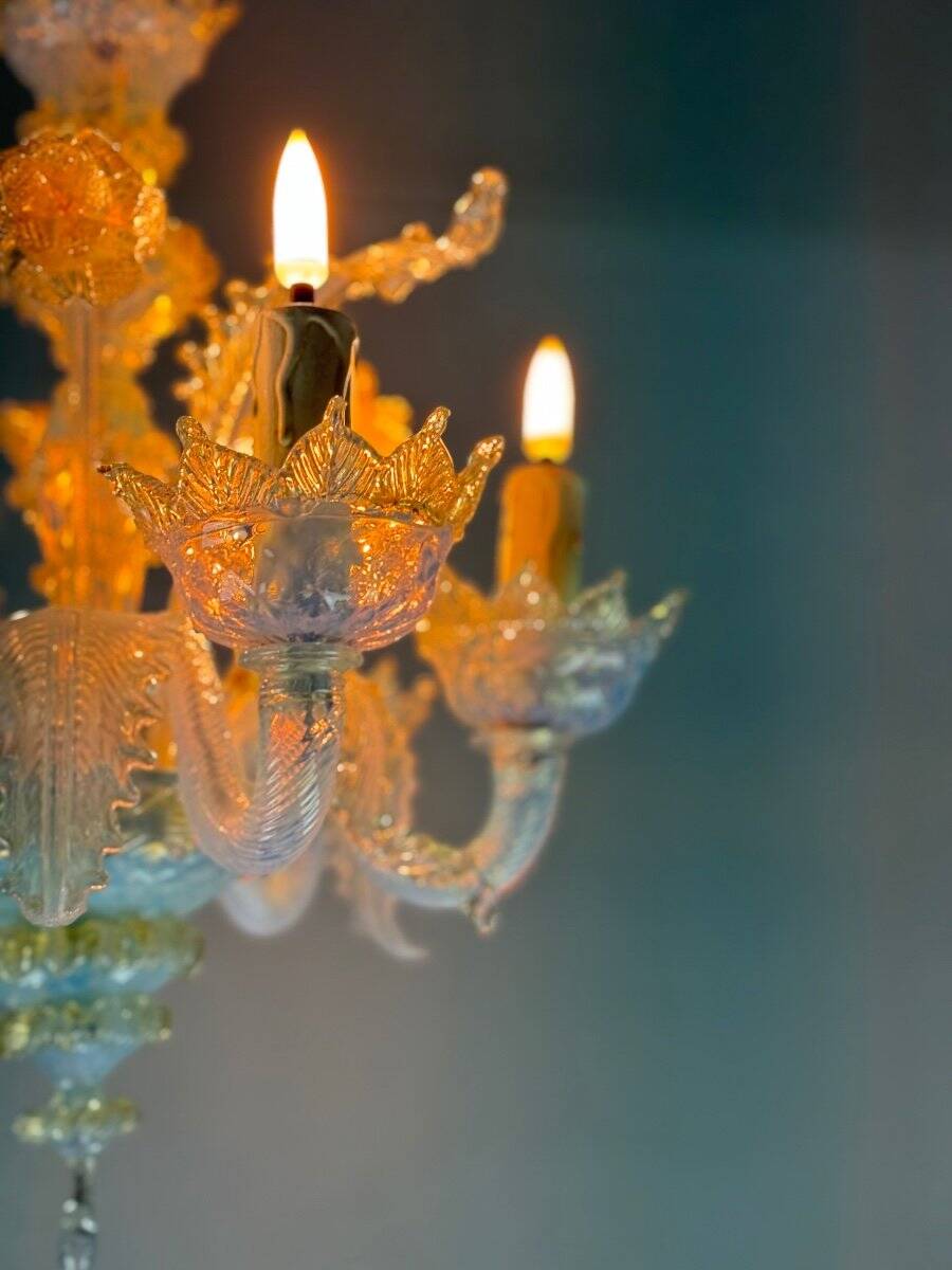 Small Venetian Chandelier In Opalescent Blue And Gold Murano Glass, 6 Arms Of Light Circa 1950