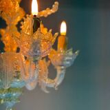 Small Venetian Chandelier In Opalescent Blue And Gold Murano Glass, 6 Arms Of Light Circa 1950