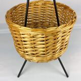 Black metal rattan trash can on 1960