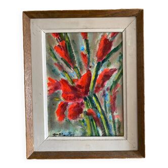 Painting on panel bouquet of irises.