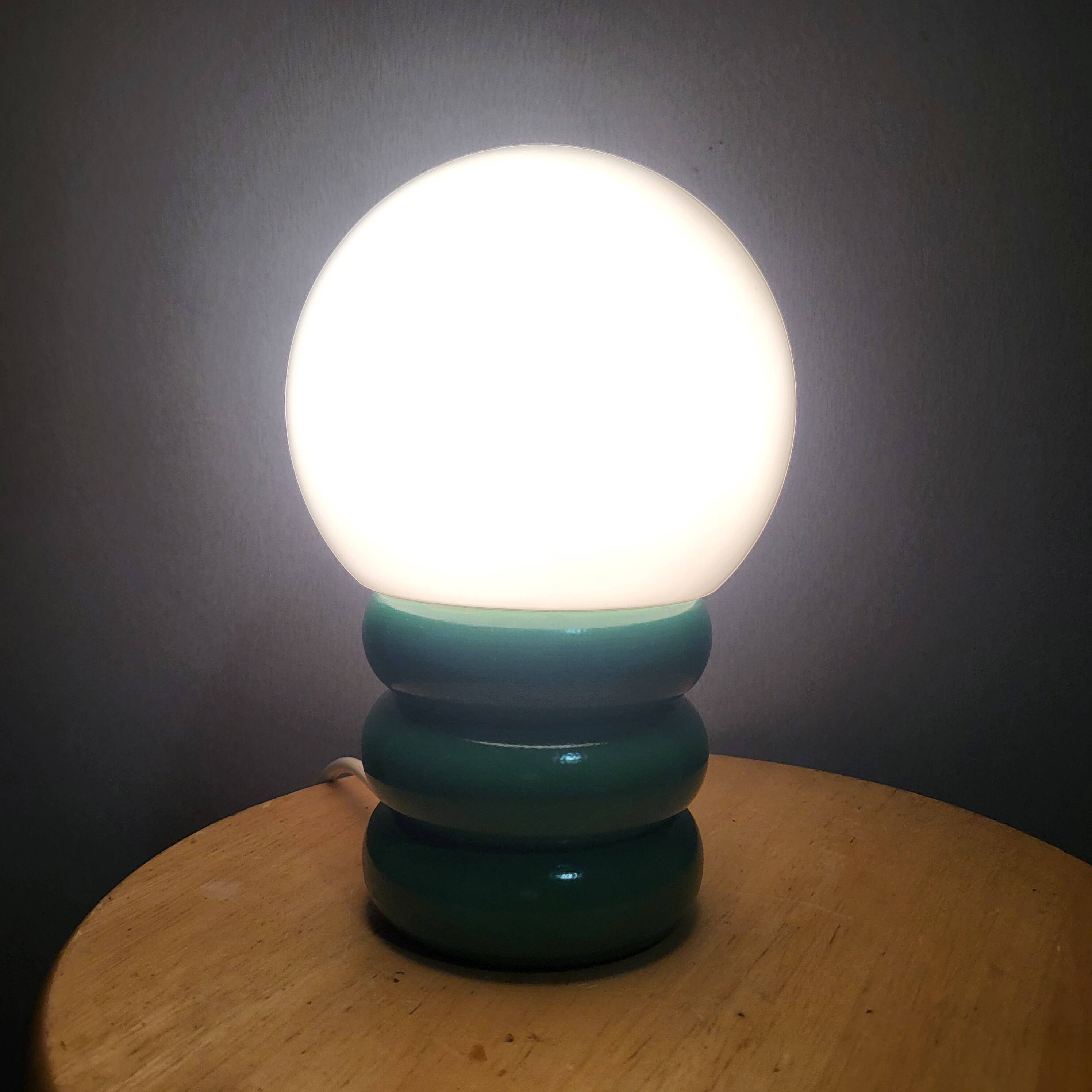 Table lamp, opaline globe and vintage lacquered green wood, 1980