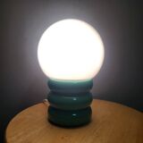 Lampe  à poser ,globe opaline et bois vert laqué vintage, 1980