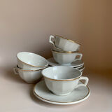 Set of 6 white Luneville porcelain coffee cups and saucer with gold rim