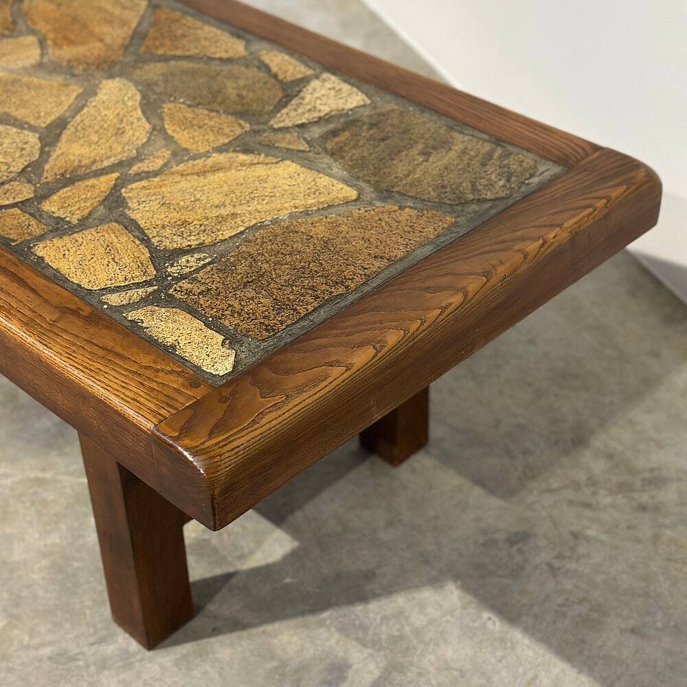 Vintage brutalist stone mosaic coffee table – solid wood, 1970s