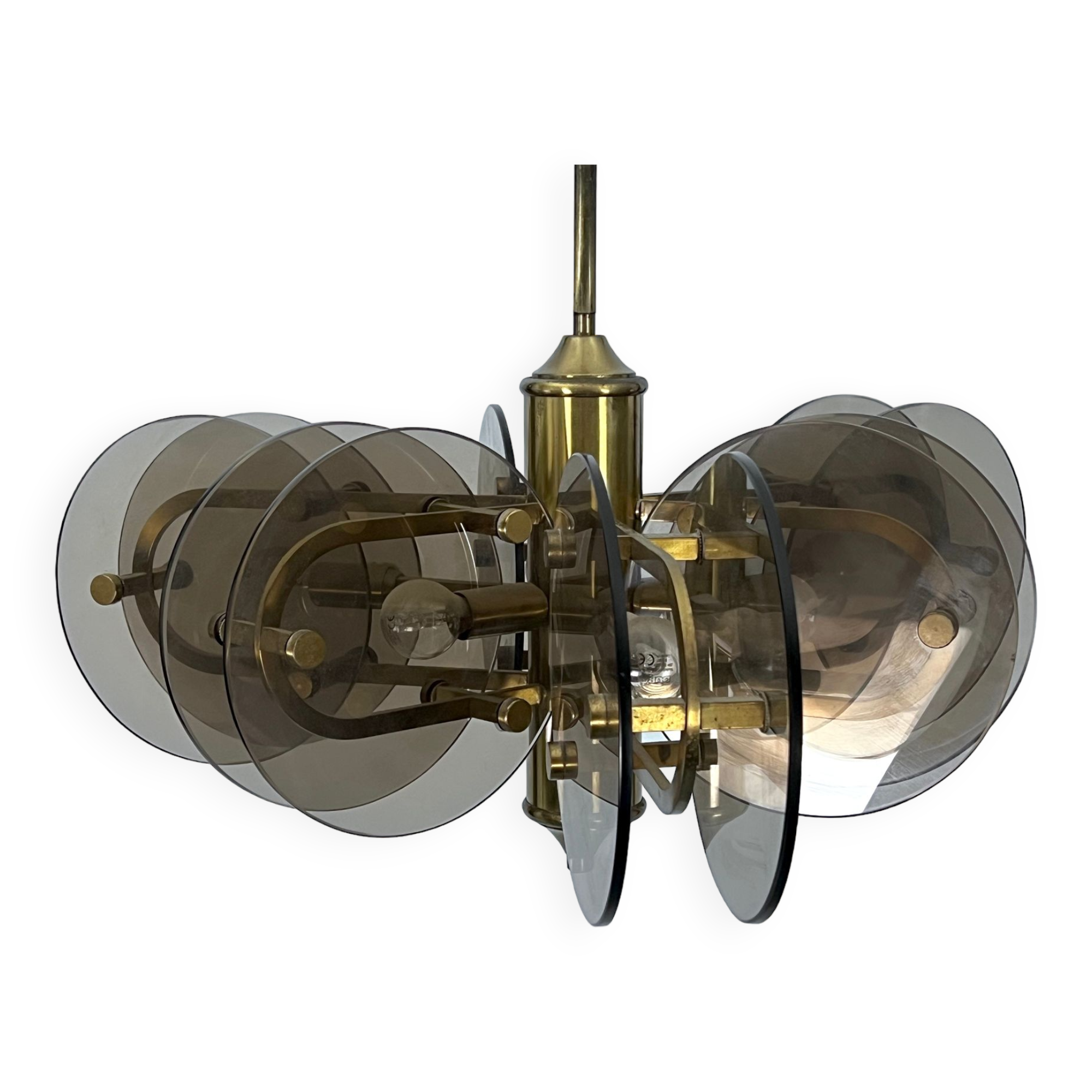 Postmodern brass and thick glass chandelier by Gino Paroldo. Italy 1970s