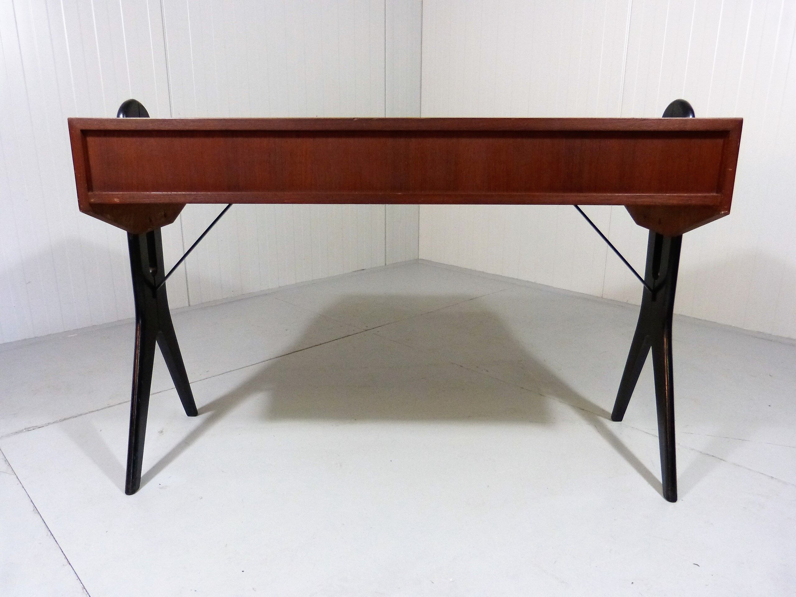 Vintage teak desk with black scissor legs 1960's