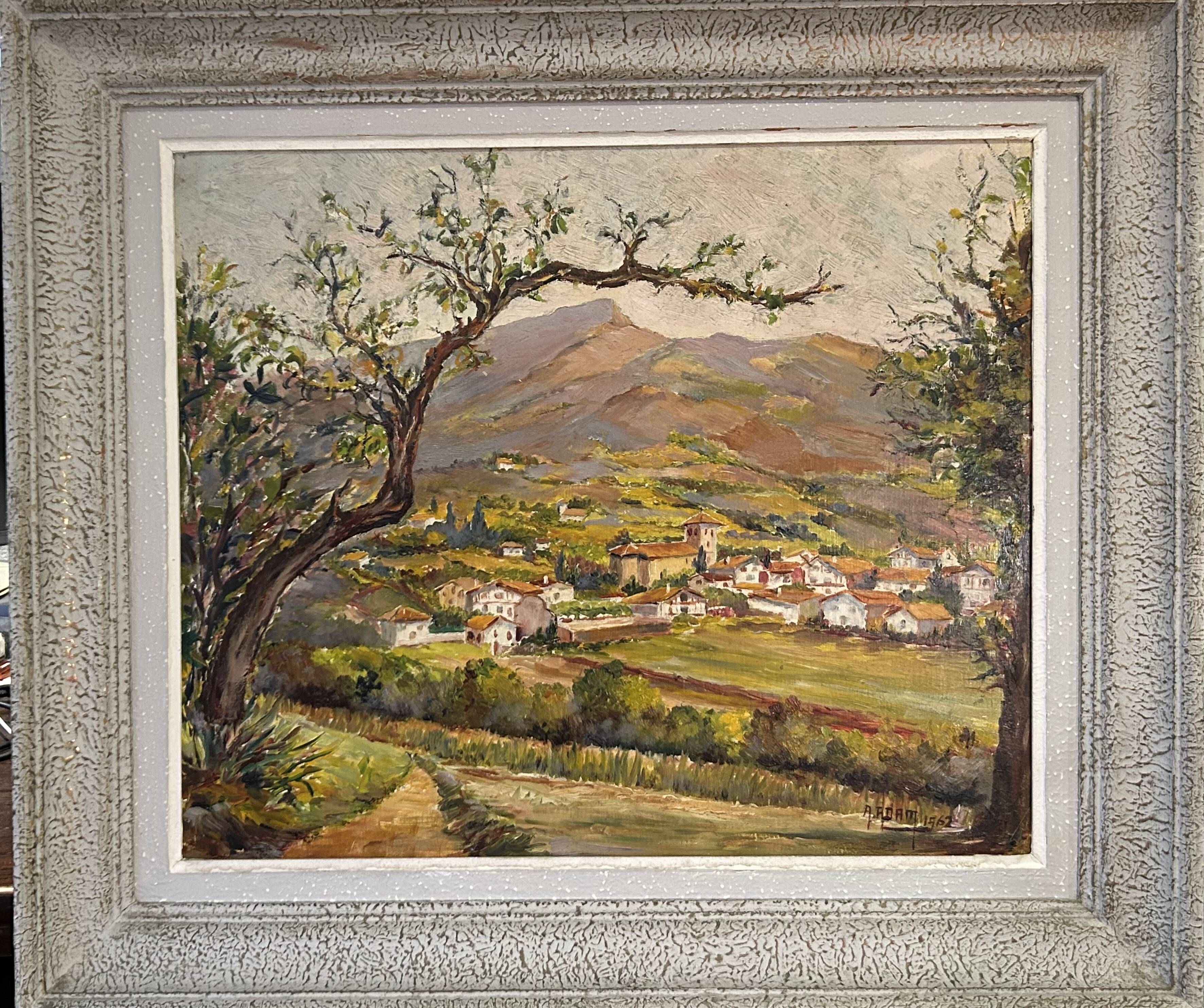 Oil on panel View of a village in the South of France signed A. Adam 1962