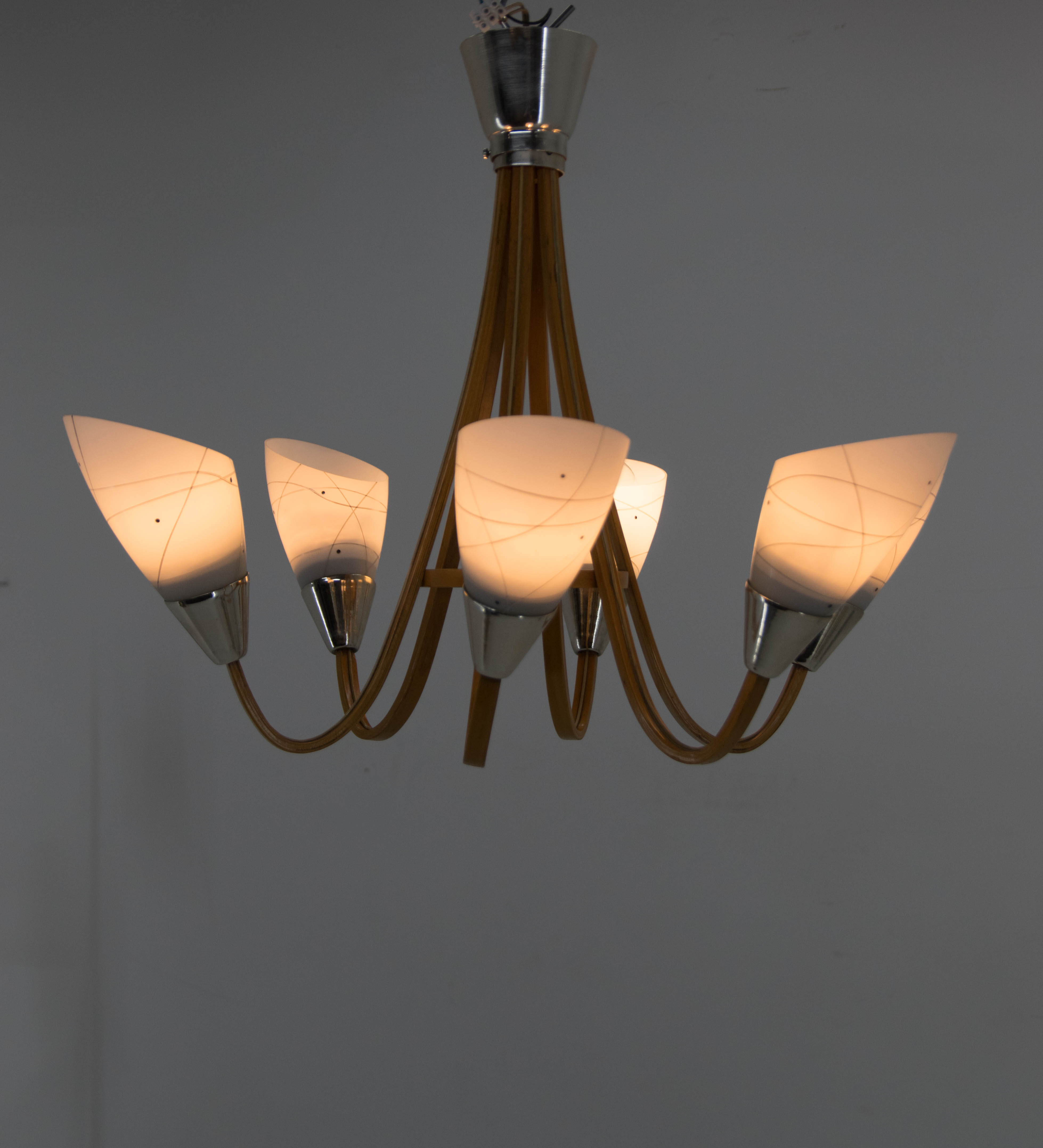 Mid-Century Wood & Glass Chandelier by Dřevo Humpolec, 1960s