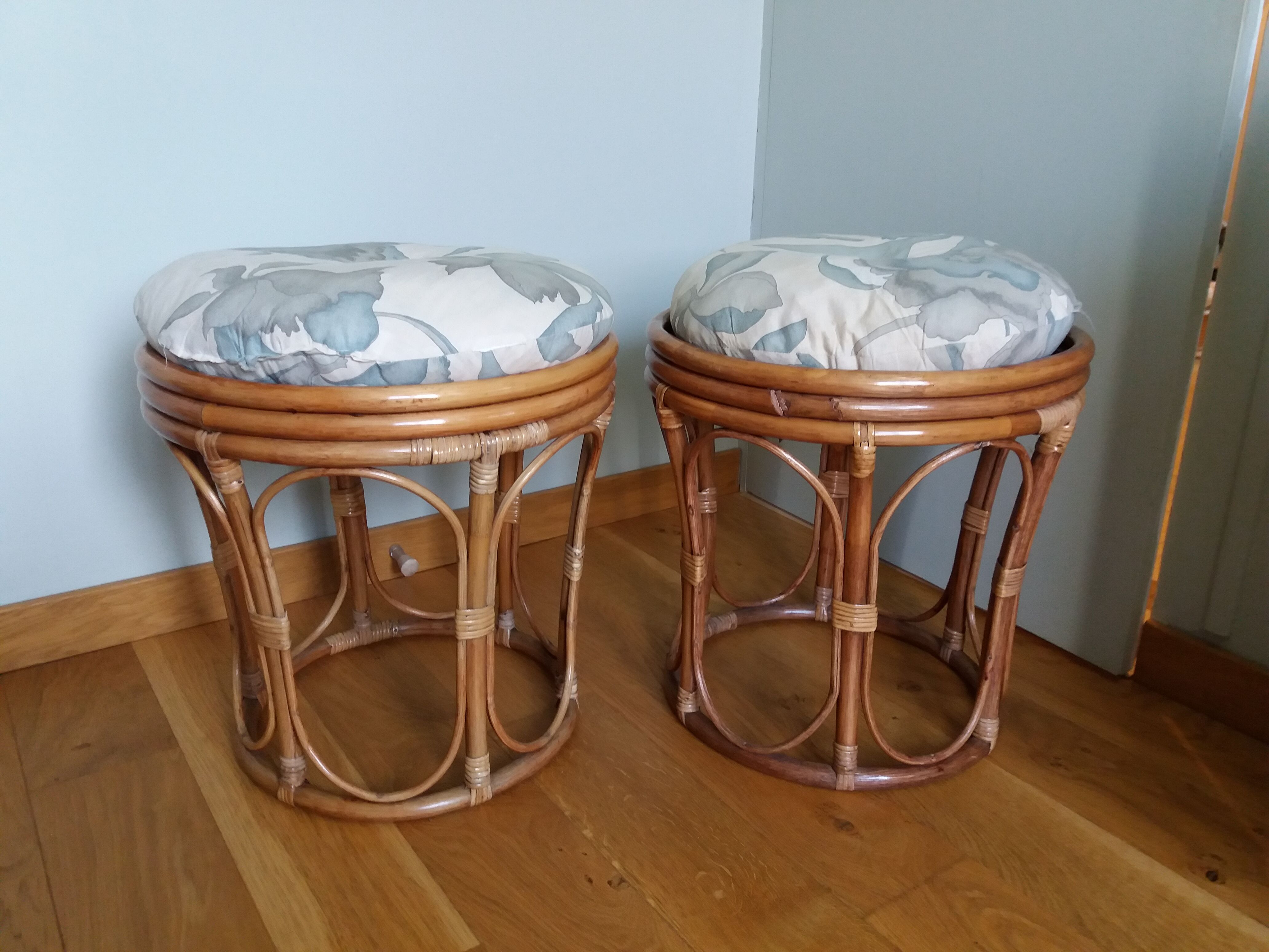 Pair of wicker rattan stool poufs