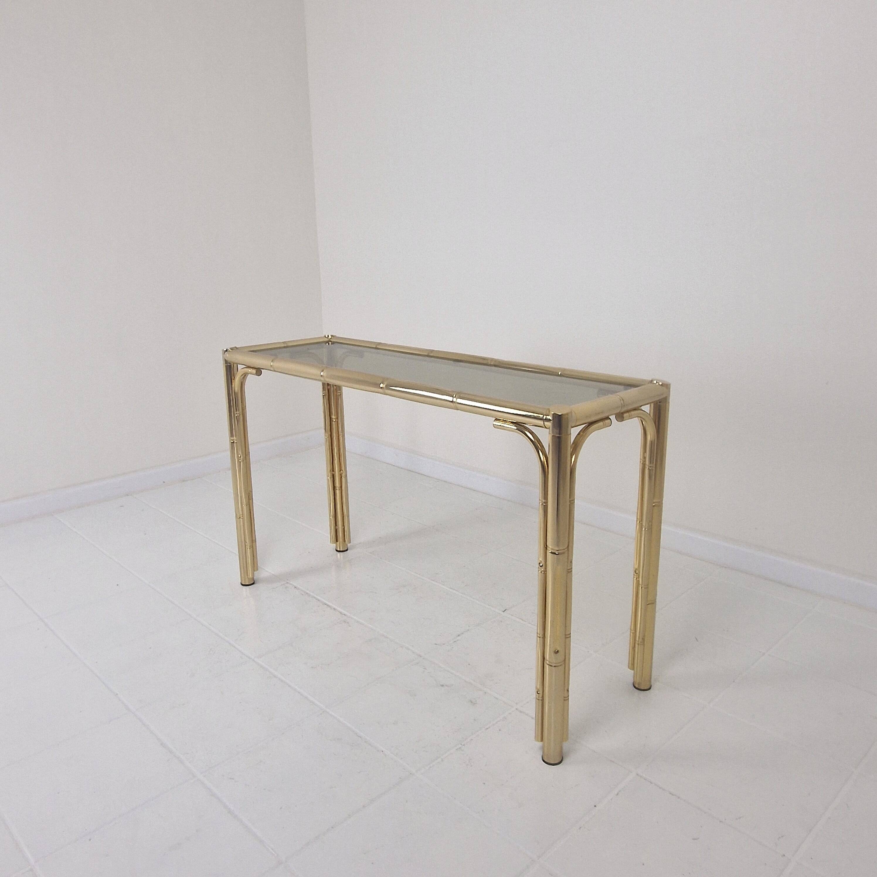 Italian Rectangle Side Table in Brass Bamboo and Smoked Glass, 1970s