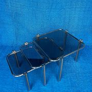 SET OF 3 NESTING TABLES WITH CHROME METAL DOUBLE BASE AND SMOKED GLASS