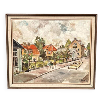 Original Swedish Oil on Canvas – “Urban Life II” by Sooman – Signed – Vintage & Framed – 65 × 53 cm (25.5" x 20.8")