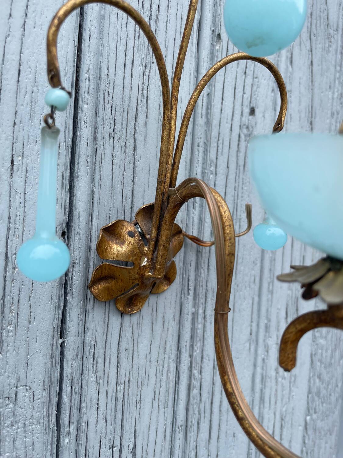 Pair of vintage turquoise blue opaline glass bead sconces