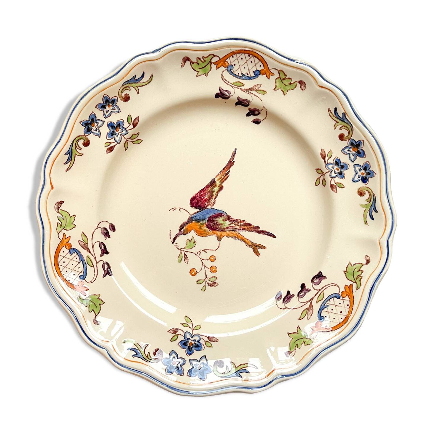 Vintage earthenware plate bird Cléry LONGCHAMP 1930