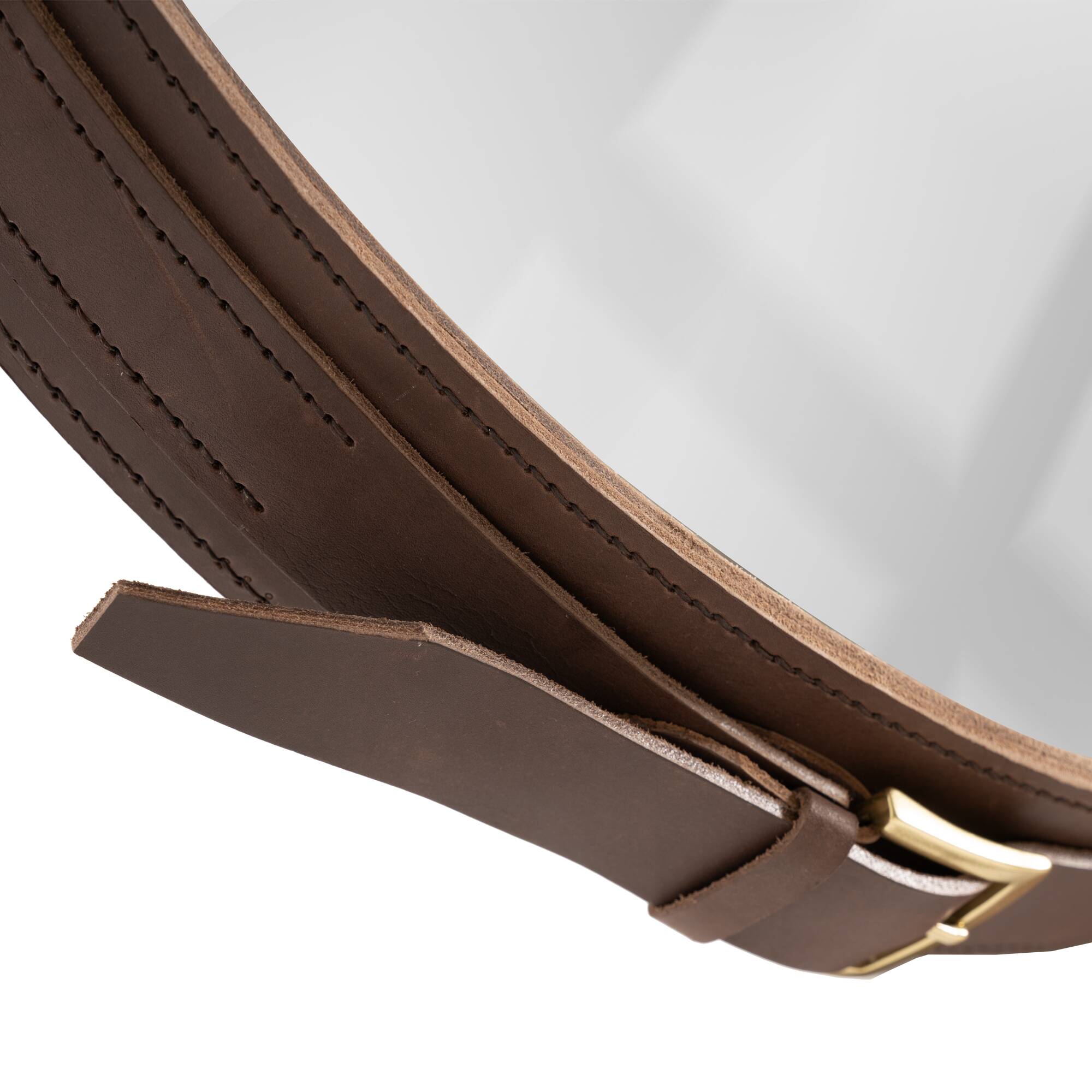 Handmade J. Adnet style mirror in brown vegetable-tanned leather, ø 70 cm