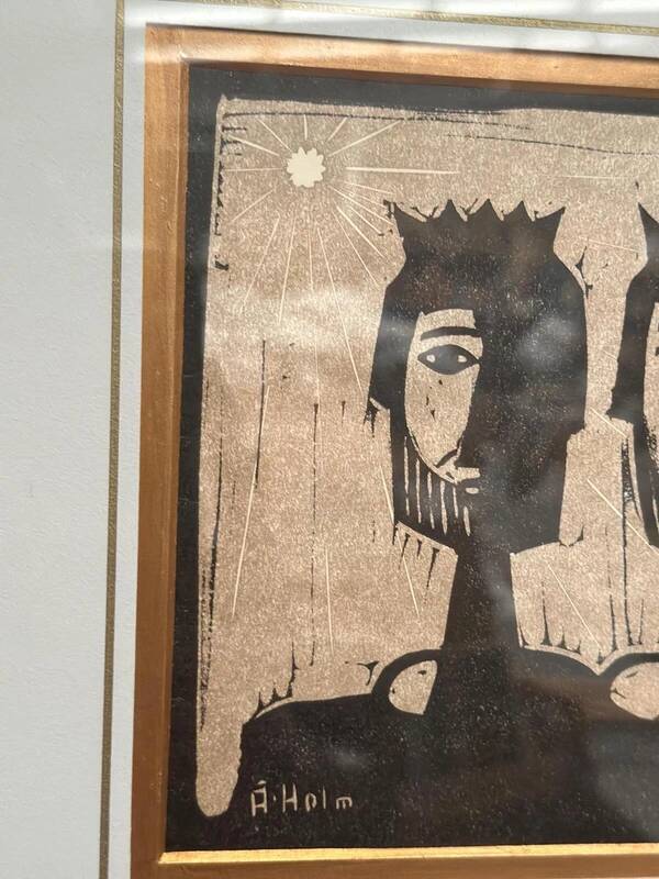 Woodcut glazed painting "Three Figures" by A. Holm, vintage & framed 37×32cm