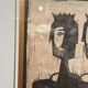 Woodcut glazed painting "Three Figures" by A. Holm, vintage & framed 37×32cm