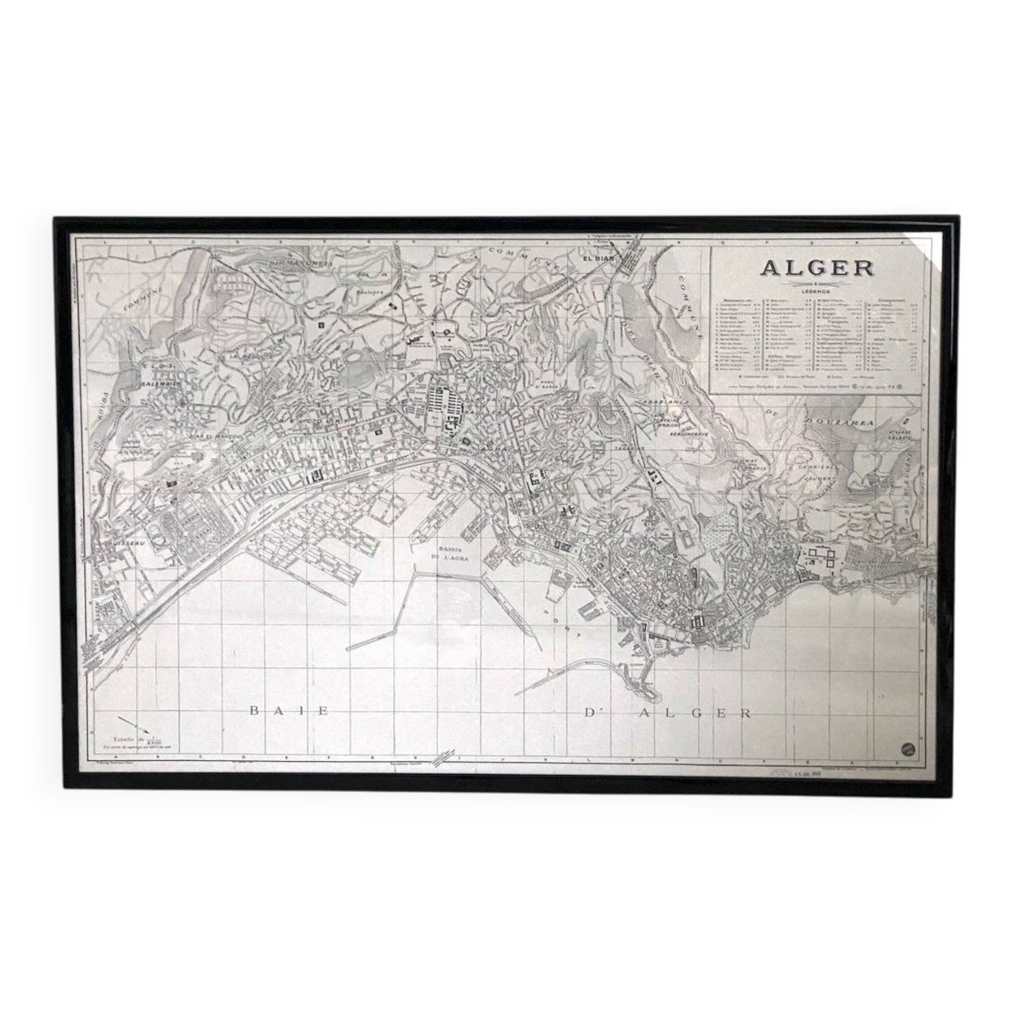 Vintage map of Algiers 1958, framed in wood and glass.