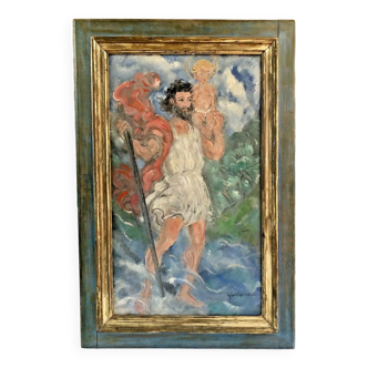 Giovanni Leonardi 1875 1957 tableau religieux huile sur panneau Saint Christophe portant Jesus