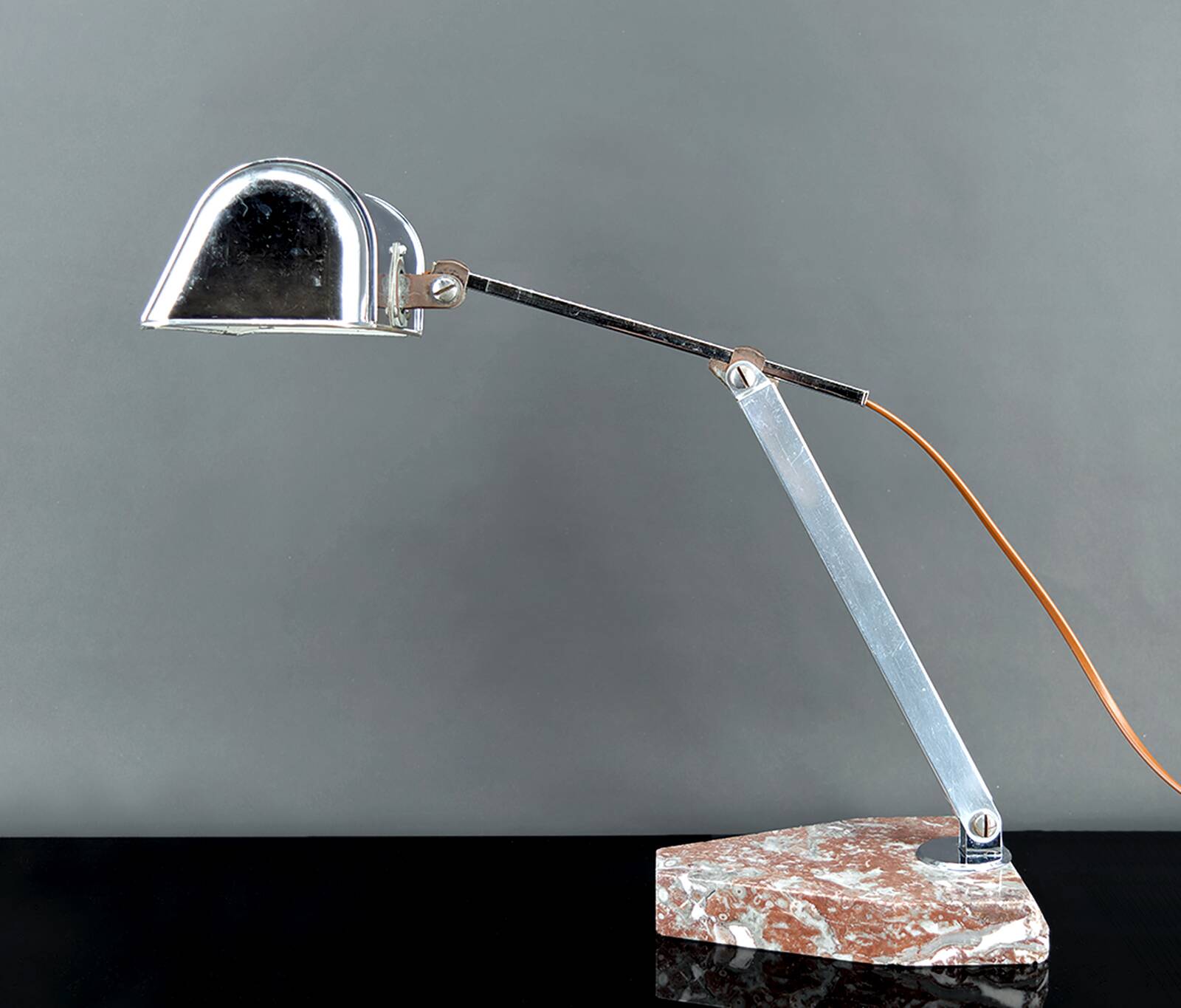Large Desk Lamp, Chrome, Aluminum and Marble, Modernist Art Deco